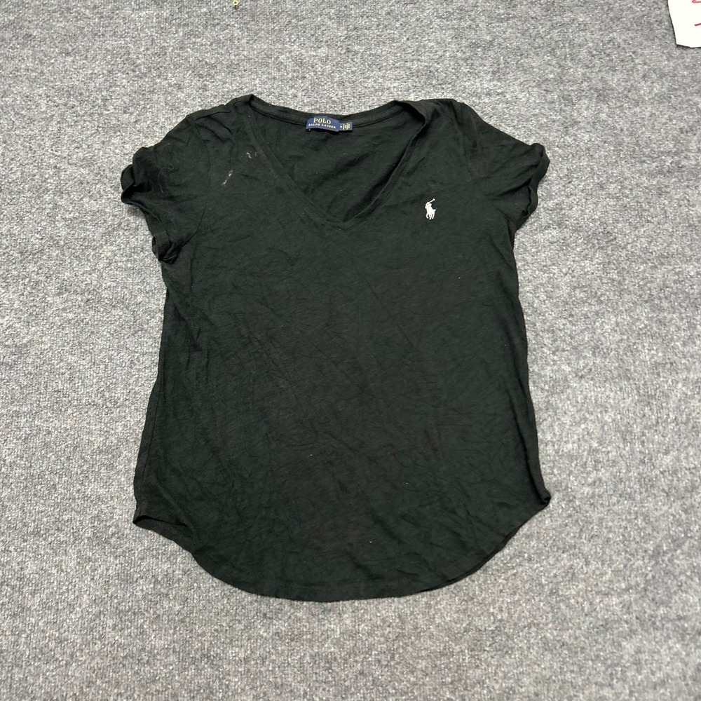Polo Ralph Lauren Shirt Womens Size M Black V-Neck Slub Cotton Pony Logo Casual